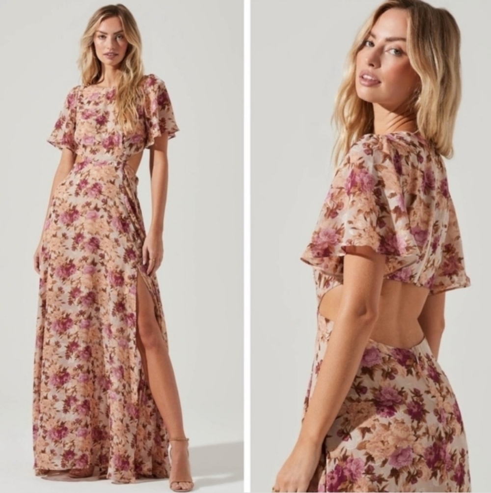 ASTR the Label Katrina  Floral Flutter Sleeve Back Cutout Maxi Dress